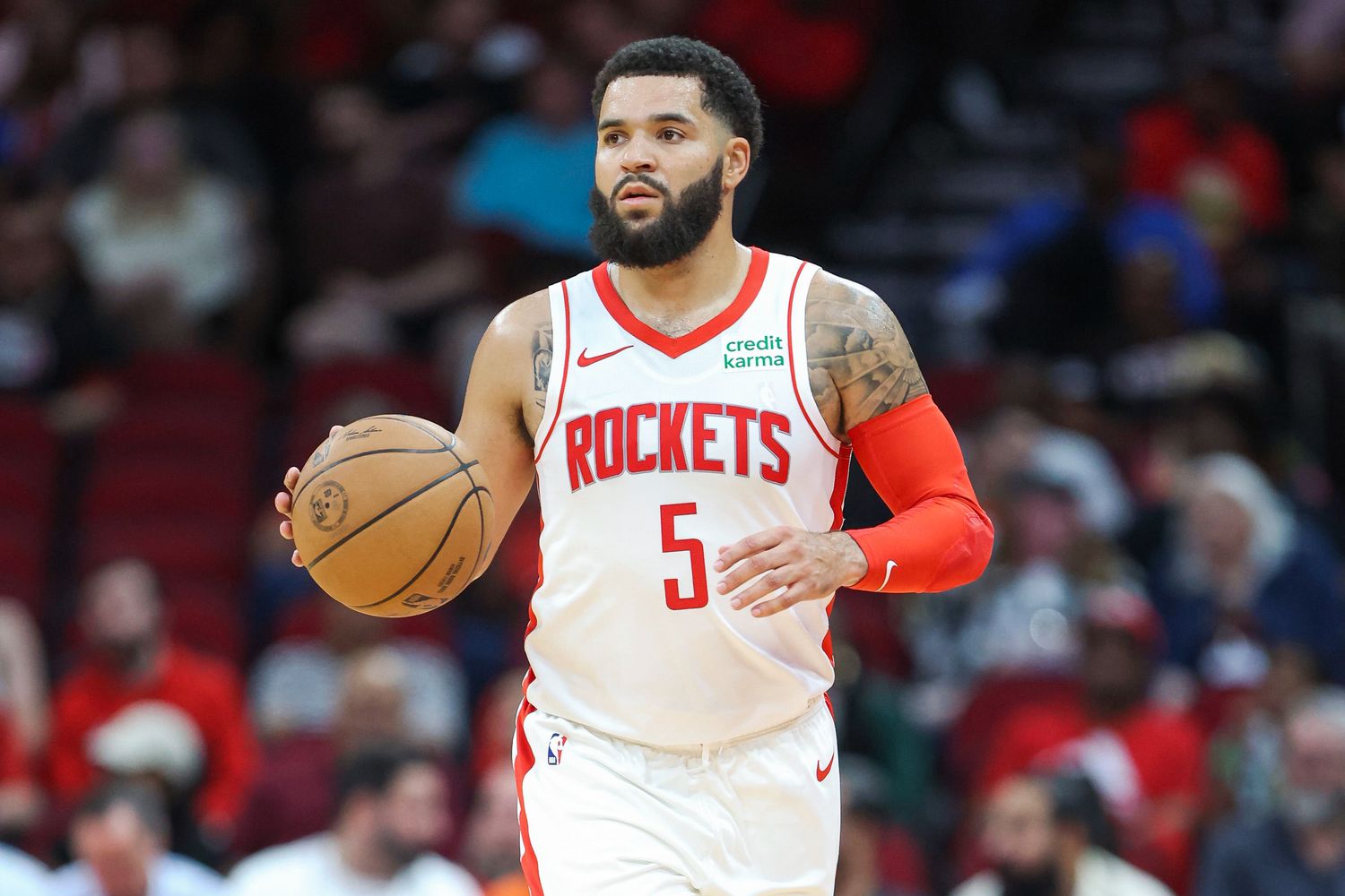 Rockets guard Fred VanVleet brings the ball up the court during the game against the Indiana Pacers at Toyota Center.